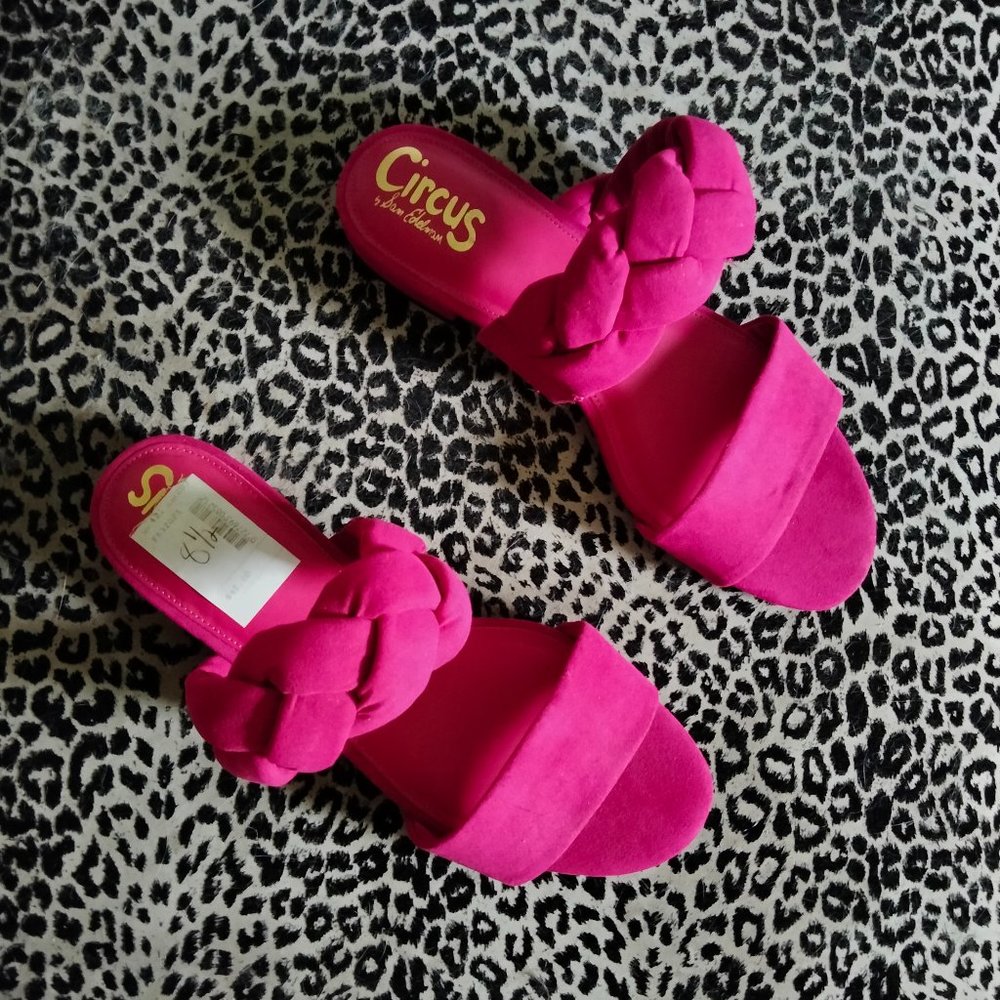 Hot pink suede braided sandals
